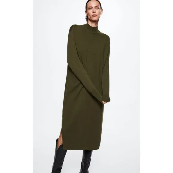 Mango Knitted Perkins Neck Dress Khaki